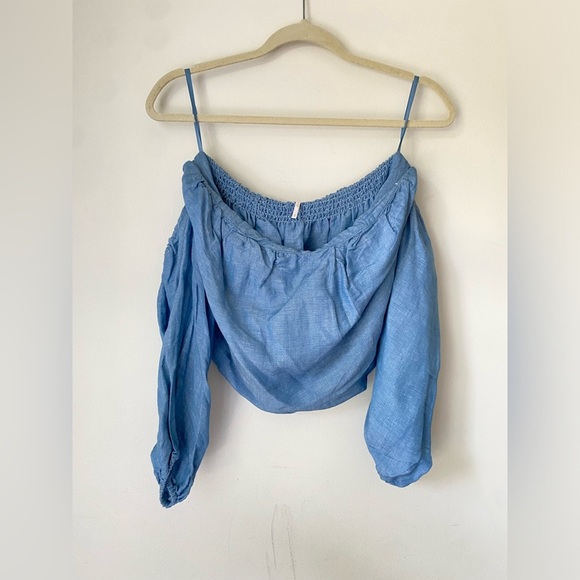 Free People Top Women’s Small In The Limelight Linen Blue Off-Shoulder Crop - Picture 2 of 10